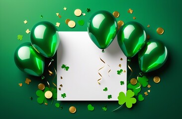 St. Patrick's Day Background with Yellow and Green Balloons and Gold Coins
