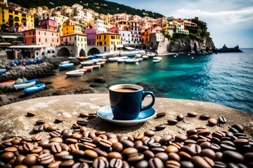 cup of coffee on terrace in a beautiful italian village - obrazy, fototapety, plakaty