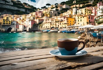 Fototapeta premium cup of coffee on terrace in a beautiful italian village