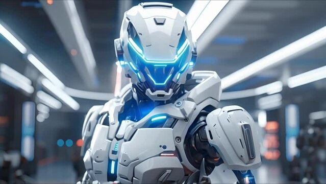 Combat robot in military metal armor. Futuristic cyborg security guard. Technology, robotics, artificial intelligence and future concept.