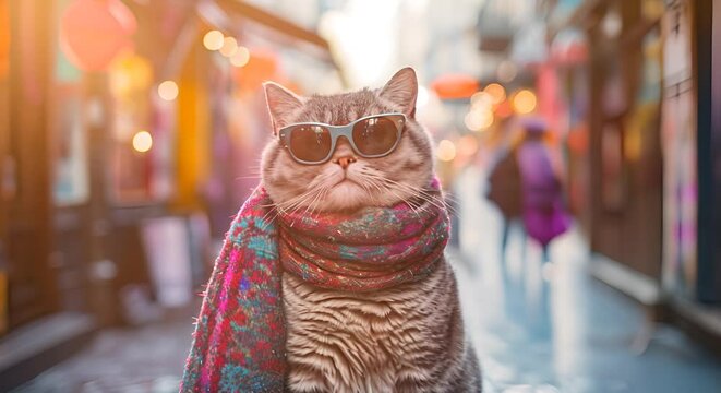 Feline Fashionista: A Humorous Treat with a Bespectacled Cat Posing for Optical Service