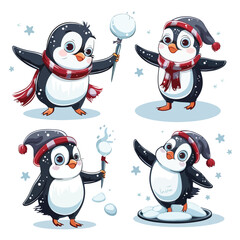 Cute Penguin with Red Cheeks Wearing Scarf on Ice Plate