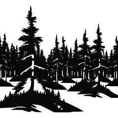 Black and white Vector illustration of  forest, trees, plants
