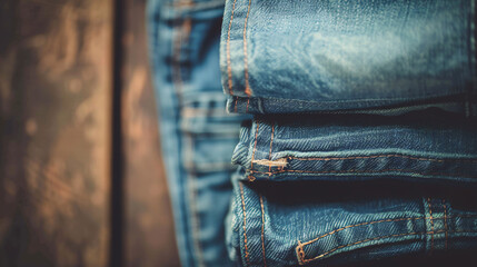 Jeans stacked on a wooden background. - obrazy, fototapety, plakaty