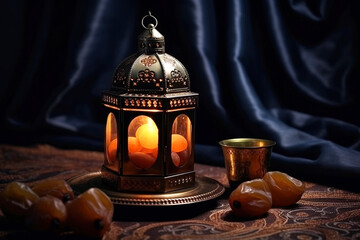 Festive lanterns with burning candles for Ramadan, Islamic Muslim religious event. Dark background with mosques.