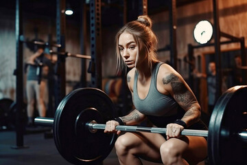 young beautiful woman with an athletic build in gym with barbell doing sports.