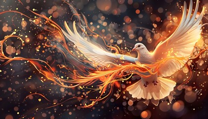 Flying white dove with fire effect on fractal burst background