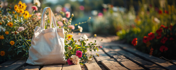Tote bag blank cotton shopper mock-up on wooden floor outdoors, Summer garden with flowers background with copy space for text. Template banner for eco friendly branding, sustainable fashion