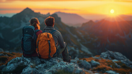 Couple Embracing at Mountain Sunset.
A couple with backpacks sitting and enjoying a mountain sunset. - obrazy, fototapety, plakaty