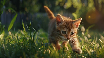 Kitten British goes for a walk on grass.