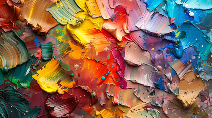 A close-up of a messy paint palette, displaying a range of vibrant colors and textures