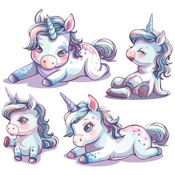 Cute Unicorn with Horn and Colorful Mane in Differen