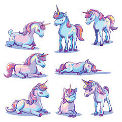 Cute Unicorn with Horn and Colorful Mane in Differen