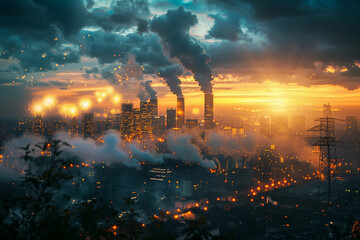 Drone and panoramic view of city and industrial smoke air pollution.