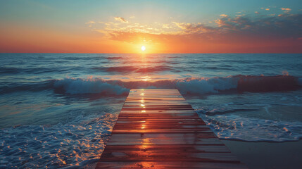 Sunset View from Ocean Pier.
Wooden pier extending into the ocean with a captivating sunset on the horizon.