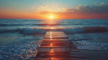 Foto op Plexiglas Sunset View from Ocean Pier. Wooden pier extending into the ocean with a captivating sunset on the horizon. © AI Visual Vault