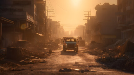  the city has been destroyed and there is a bright sun