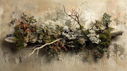 Enchanting Abstract North Nature Scene with a Composition of Lichen, Moss, and Old Snags on a Beige Background