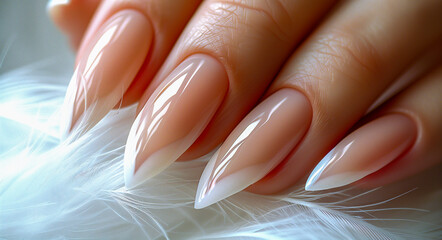 Closeup beautiful female manicure white french style nail polish and stiletto shape of nails.