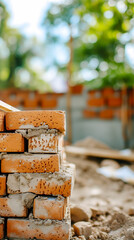 Une pile de briques rouges avec du mortier sur un chantier de construction avec un arrière-plan.