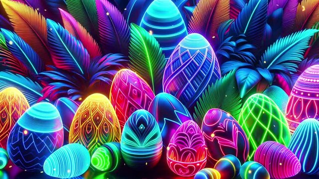 Easter eggs with neon pattern on a background of tropical leaves.