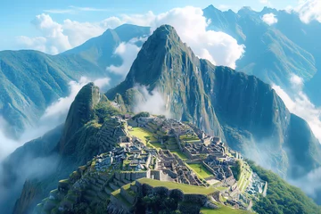 Papier Peint photo Machu Picchu Machu Picchu Inca ancient civilization ruins in Peru, aerial view scenic picturesque