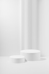Abstract stage with two white round podiums with striped pillar as decoration, mockup on white background. Template for presentation cosmetic products, gifts, advertising, display in simple style.