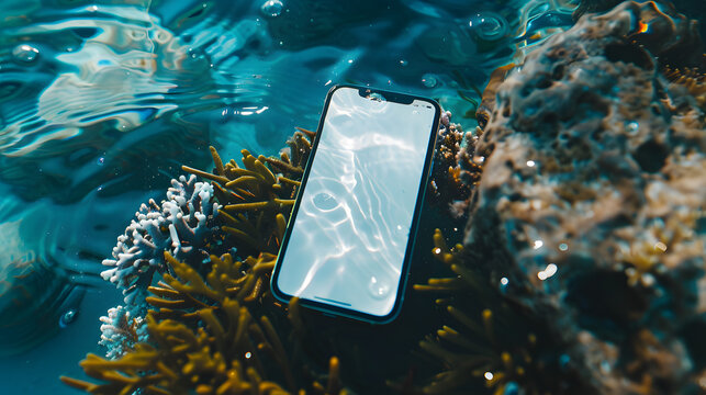 Isolated smartphone device underwater deep under the sea with blank empty white screen, travel vacation communication technology concept
