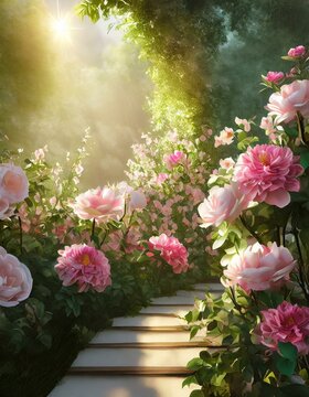 Painting style illustration, beautiful flowers garden