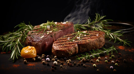 Grilled beef steak with spices, cheese, herbs, and spices. Generative AI.