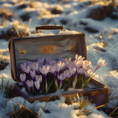 Vintage suitcase with purple spring cocus flowers with hoarfrost lying on the snowy surface. Concept of spring coming.