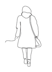 One continuous line drawing, woman walking. Woman in the style of continuous drawing art. Minimalistic black linear sketch isolated on white background. Line art. Vector illustration