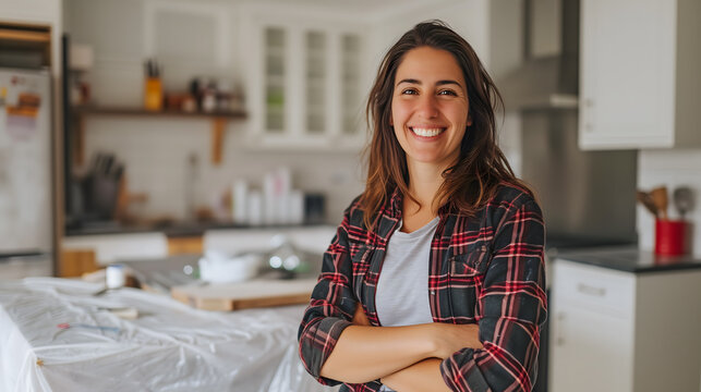 Une femme souriante se tenant dans une cuisine avec des meubles couverts de b&acirc;ches de protection.