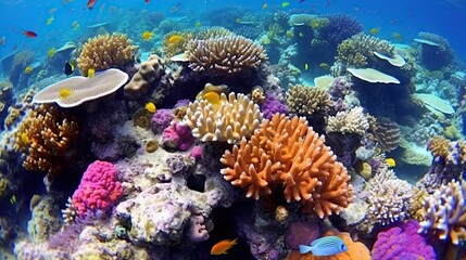 coral reefs and colorful fish in the blue sea.