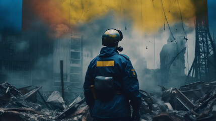  a soldier with a ukraine flag stands near some explosions
