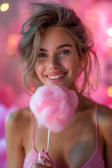 A beautiful teen girl eats the cotton candy, isolated on pink blurred background - 744499840