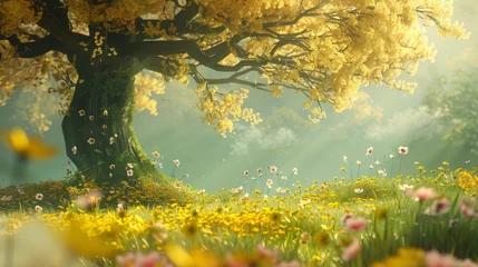 Zelfklevend Fotobehang Springtime with Flowers with Tree and Flowers in the Style of Light Emerald and Yellow with Soft Focus Storybook like Rendering Background created with Generative AI Technology © Sentoriak