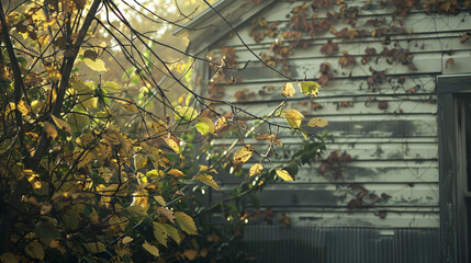 Leaves of a tree in a house's backyard.