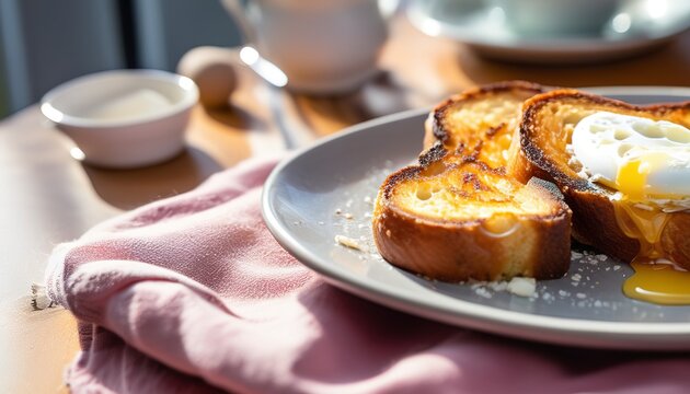 Eggy bread on the plate, photographed with natural light.