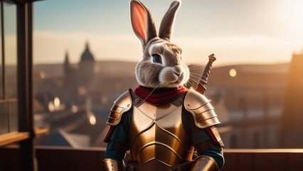 Medieval knight bunny in armor on the roof. Fairy tale history story about rabbit warrior in Cinematic Lighting - obrazy, fototapety, plakaty