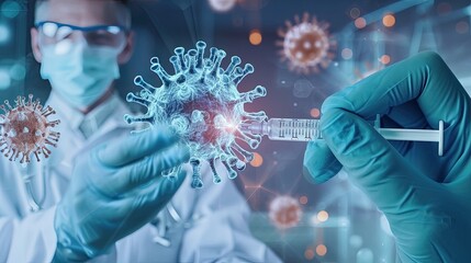 Vaccination concept. The doctor holds a syringe with medicine in his hand making injection into virtual virus model.