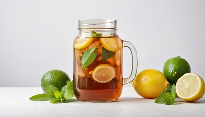 Ice tea in glass jar served with limes, lemons and mint over white texture background