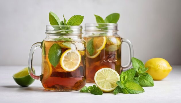 Ice tea in glass jar served with limes, lemons and mint over white texture background