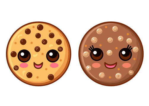 Cute cartoon chocolate cookie character with a funny face. Kawaii chocolate chip cookie character set. Happy cookie mascot vector illustration isolated on white. Vector illustration Isolated on white