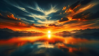 a panoramic image of a breathtaking sunset over a tranquil lake. The sky is ablaze with vibrant shades of orange, yellow, and red wallpaper background landscape texture
 - obrazy, fototapety, plakaty