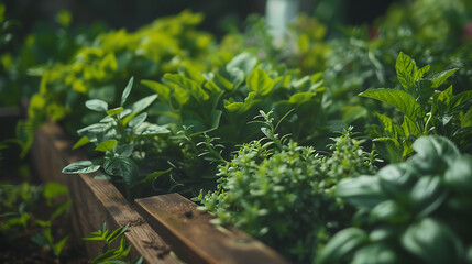 A close-up of a wooden garden bed filled with a variety of fresh herbs and spice