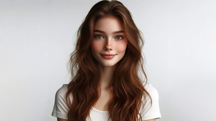 a young woman with long, wavy auburn hair and a gentle smile. She has a fair complexion with a dusting white background , team, pretty, teamwork, businesspeople, confidence, manager, happiness
 - obrazy, fototapety, plakaty