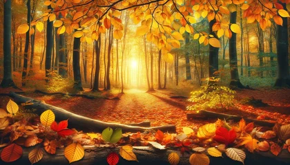 Foto op Canvas  a beautiful autumn scene in a The setting is a forest floor covered with fallen leaves in a variety of warm colors wallpaper background landscape  © Raven