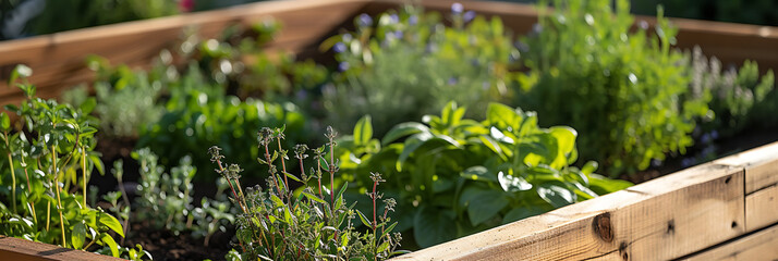 A close-up of a wooden garden bed filled with a variety of fresh herbs and spice