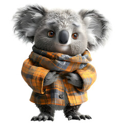 A 3D animated cartoon render of a fluffy koala in a vibrant flannel shirt.
